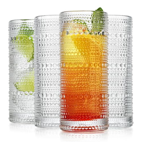 Glaver's Highball Drinking Glasses, 10.82 oz Sleek Hobnail Textured Glassware Modern Tall Tumblers set of 4 Iced Coffee