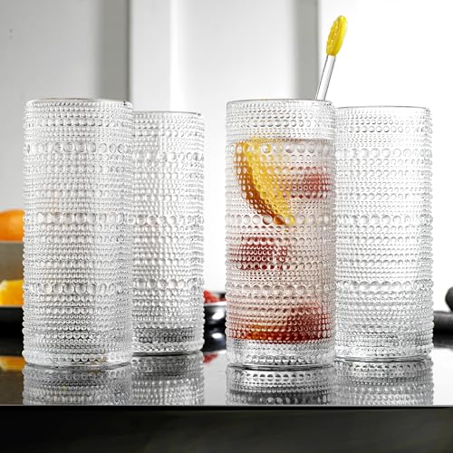 Glaver's Highball Drinking Glasses, 10.82 oz Sleek Hobnail Textured Glassware Modern Tall Tumblers set of 4 Iced Coffee Glasses, Highball Cocktail Set, Dishwasher Safe, Housewarming Gift Set - My Kitchen Products