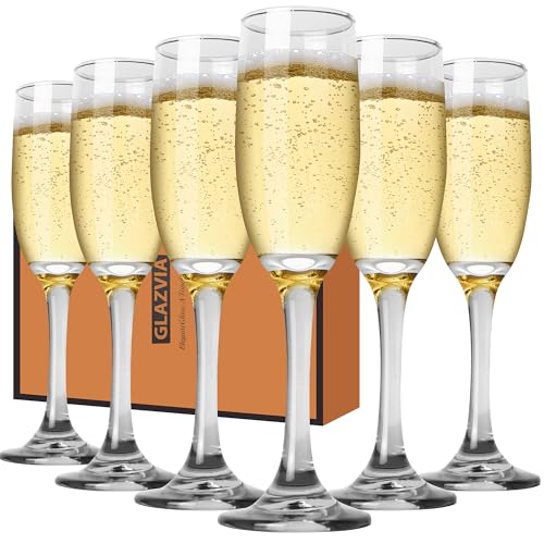 GLAZVIA Champagne Flutes Glasses Set of 6-6oz Elegant Glass, Classic Long Stem Clear Champagne Flute Gift for Wedding