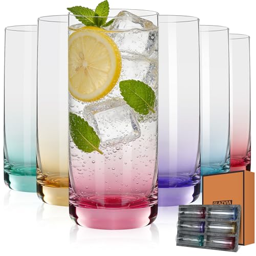 GLAZVIA Colored Highball Glasses Set of 6,13oz Drinking Glass Cups for Mixed Drink Cocktail, Beer
