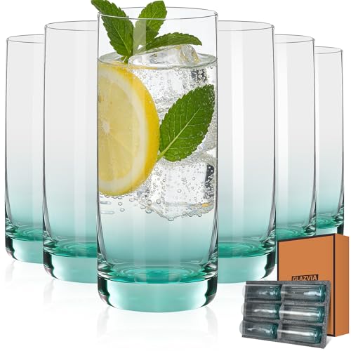 GLAZVIA Green Highball Glasses Set of 6,13oz Drinking Glass Cups for Mixed Drink Cocktail, Beer
