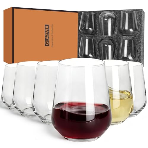 GLAZVIA Stemless Wine Glasses Set of 6, 15oz Clear Drinking Glassware Dishwasher Safe, Wine Glass Tumblers for Red or