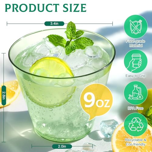 Glowserve 9 oz Clear Plastic Cups Green Plastic Disposable Cups for Cocktail 50 Pack Fancy Cocktail Cup for Party Stemless Wine Glasses for Wedding Graduation Birthday World Cup - My Kitchen Products