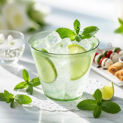 Glowserve 9 oz Clear Plastic Cups Green Plastic Disposable Cups for Cocktail 50 Pack Fancy Cocktail Cup for Party Stemless Wine Glasses for Wedding Graduation Birthday World Cup - My Kitchen Products