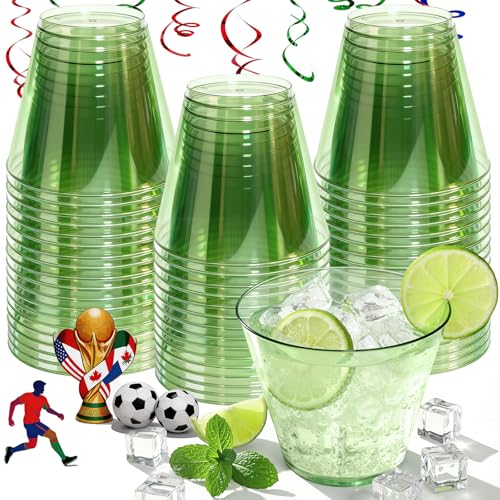 Glowserve 9 oz Clear Plastic Cups Green Plastic Disposable Cups for Cocktail 50 Pack Fancy Cocktail Cup for Party Stemless