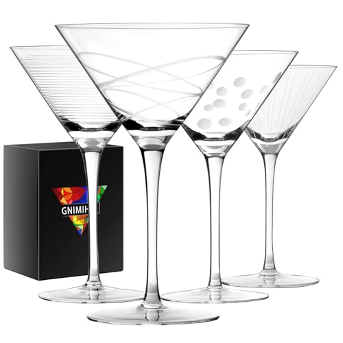 Gnimihz Etched Martini Glasses Set of 4-9 oz, Handmade Premium Crystal Cocktail Glasses, Martini, Cosmopolitan