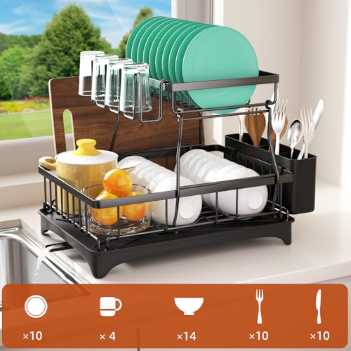 Godboat Dish Drying Rack, 2-Tier Dish Rack with Auto-Drain & Mat, Dish Racks for Kitchen Counter, Dish Drainer with Knife, Fork & Cup Rack, Gifts for Women, Mothers Day, Cool Stuff & Kitchen Gadgets - My Kitchen Products