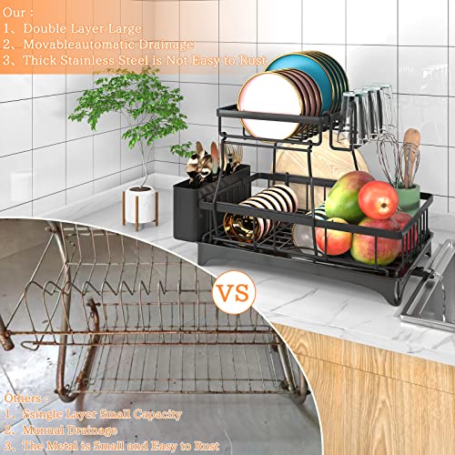 Godboat Dish Drying Rack, 2-Tier Dish Rack with Auto-Drain & Mat, Dish Racks for Kitchen Counter, Dish Drainer with Knife, Fork & Cup Rack, Gifts for Women, Mothers Day, Cool Stuff & Kitchen Gadgets - My Kitchen Products