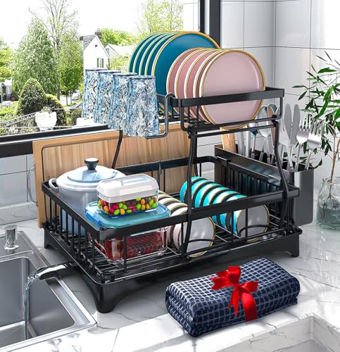 Godboat Dish Drying Rack, 2-Tier Dish Rack with Auto-Drain & Mat, Dish Racks for Kitchen Counter, Dish Drainer with Knife, Fork & Cup Rack, Gifts for Women, Mothers Day, Cool Stuff & Kitchen Gadgets - My Kitchen Products