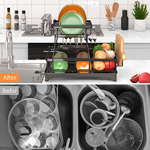 Godboat Dish Drying Rack, 2-Tier Dish Rack with Auto-Drain & Mat, Dish Racks for Kitchen Counter, Dish Drainer with Knife, Fork & Cup Rack, Gifts for Women, Mothers Day, Cool Stuff & Kitchen Gadgets - My Kitchen Products