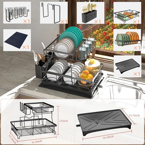 Godboat Dish Drying Rack, 2-Tier Dish Rack with Auto-Drain & Mat, Dish Racks for Kitchen Counter, Dish Drainer with Knife, Fork & Cup Rack, Gifts for Women, Mothers Day, Cool Stuff & Kitchen Gadgets - My Kitchen Products