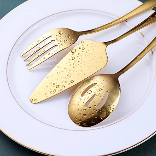 Gold Serving Utensils, OGORI 10-Piece Polished Stainless Steel Gold Serving Utensils Set Include Serving Spoons, Slotted Serving Spoon, Serving Tongs, Serving Fork, Salad Fork, Soup Ladle, Pie Server - My Kitchen Products