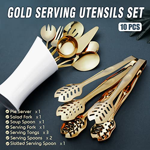 Gold Serving Utensils, OGORI 10-Piece Polished Stainless Steel Gold Serving Utensils Set Include Serving Spoons, Slotted Serving Spoon, Serving Tongs, Serving Fork, Salad Fork, Soup Ladle, Pie Server - My Kitchen Products