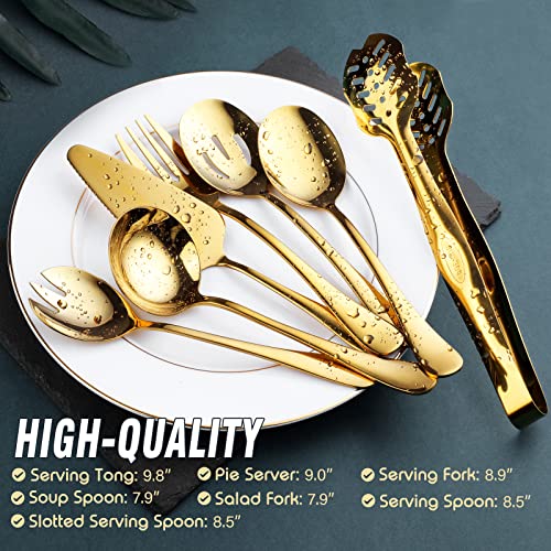 Gold Serving Utensils, OGORI 10-Piece Polished Stainless Steel Gold Serving Utensils Set Include Serving Spoons, Slotted Serving Spoon, Serving Tongs, Serving Fork, Salad Fork, Soup Ladle, Pie Server - My Kitchen Products