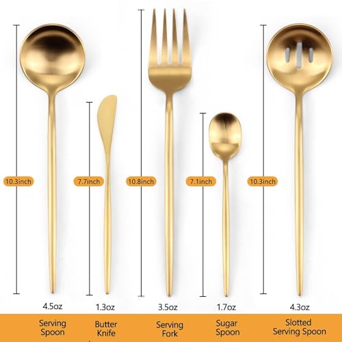 Gold Stainless Steel Serving Utensils Set, 5 Pcs - 10.8 Inch Serving Fork, 10.3 Inch Slotted Spoon, Sugar Spoon, Butter Knife for Buffet - My Kitchen Products