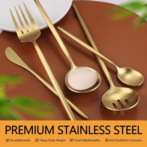 Gold Stainless Steel Serving Utensils Set, 5 Pcs - 10.8 Inch Serving Fork, 10.3 Inch Slotted Spoon, Sugar Spoon, Butter Knife for Buffet - My Kitchen Products