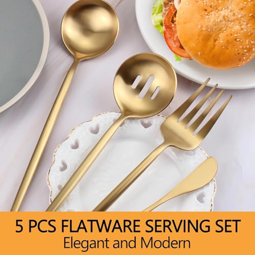 Gold Stainless Steel Serving Utensils Set, 5 Pcs - 10.8 Inch Serving Fork, 10.3 Inch Slotted Spoon, Sugar Spoon, Butter Knife for Buffet - My Kitchen Products
