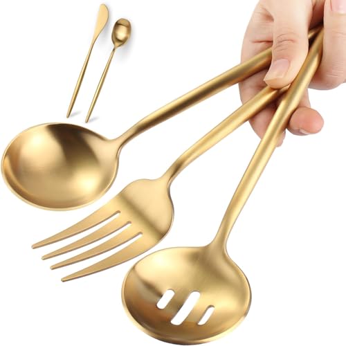 Gold Stainless Steel Serving Utensils Set, 5 Pcs, 10.8 Inch Serving Fork, 10.3 Inch Slotted Spoon, Sugar