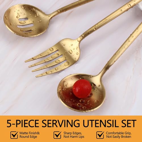 Gold Stainless Steel Serving Utensils Set, 5 Pcs - 10.8 Inch Serving Fork, 10.3 Inch Slotted Spoon, Sugar Spoon, Butter Knife for Buffet - My Kitchen Products