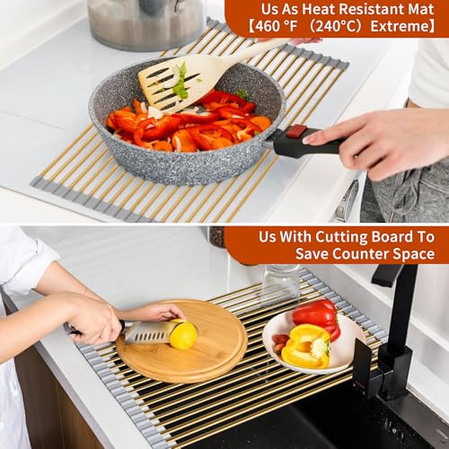 Golden Roll-UP Dish Drying Rack-Large Stainless Steel Dish Drainer Over The Sink for Kitchen Countertop, Applicable for Sink Width Less Than 16.5in (Gold,17.8'x 13.2') - My Kitchen Products