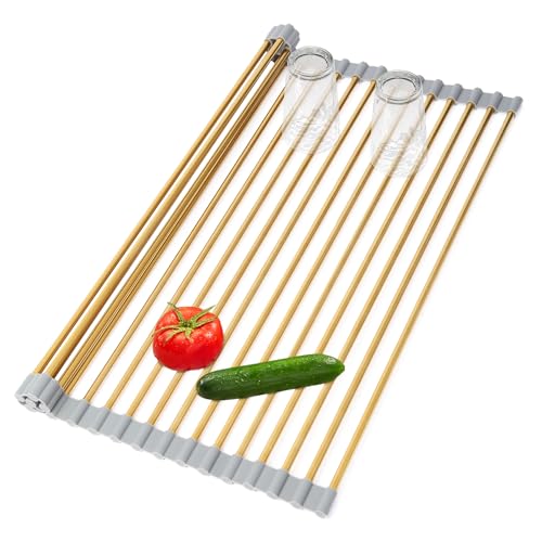 Golden Roll-UP Dish Drying Rack-Large Stainless Steel Dish Drainer Over The Sink for Kitchen Countertop, Applicable for Sink Width Less Than 16.5in (Gold,17.8'x 13.2') - My Kitchen Products
