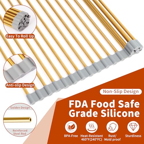 Golden Roll-UP Dish Drying Rack-Large Stainless Steel Dish Drainer Over The Sink for Kitchen Countertop, Applicable for Sink Width Less Than 16.5in (Gold,17.8'x 13.2') - My Kitchen Products