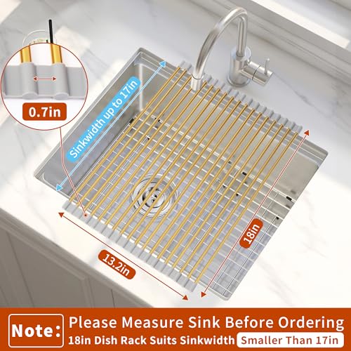 Golden Roll-UP Dish Drying Rack-Large Stainless Steel Dish Drainer Over The Sink for Kitchen Countertop, Applicable for Sink Width Less Than 16.5in (Gold,17.8'x 13.2') - My Kitchen Products