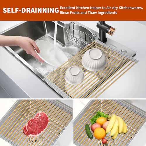 Golden Roll-UP Dish Drying Rack-Large Stainless Steel Dish Drainer Over The Sink for Kitchen Countertop, Applicable for Sink Width Less Than 16.5in (Gold,17.8'x 13.2') - My Kitchen Products