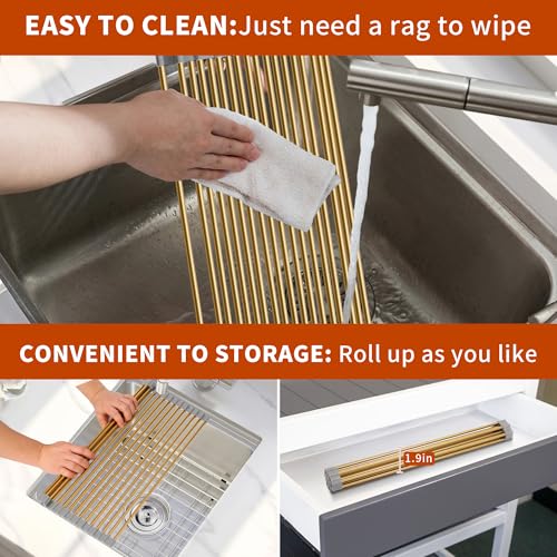 Golden Roll-UP Dish Drying Rack-Large Stainless Steel Dish Drainer Over The Sink for Kitchen Countertop, Applicable for Sink Width Less Than 16.5in (Gold,17.8'x 13.2') - My Kitchen Products