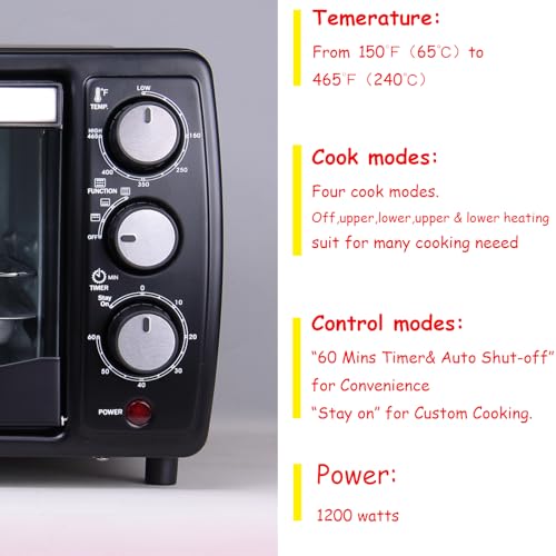 GOLUX GT12 Black Countertop Toaster Oven, 12L Compact Small Oven, 1200W, Fits 4 Slices, 4 Cooking Modes, 60-Min Timer & Adjustable Temperature, For Toast, Bake & Broil, Ideal for Apartment & Dorm - My Kitchen Products