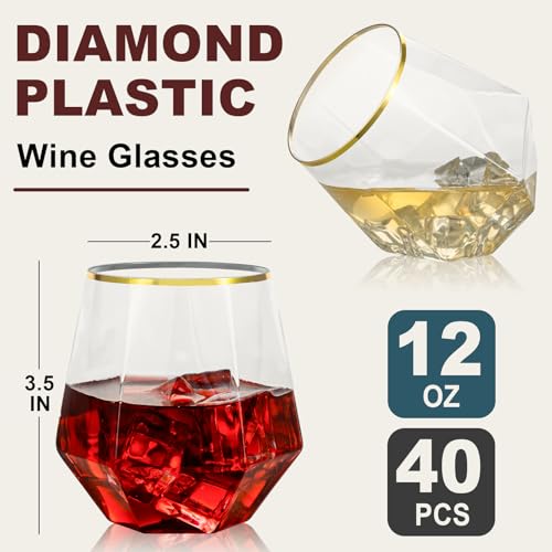 Goodluck 40 PCS Diamond Stemless Plastic Wine Whiskey Glasses, 12 Oz Disposable Cocktail Glasses, Suitable for Weddings, Birthday Parties, Family Gatherings, Bars, etc （Gold rimmed cups） - My Kitchen Products