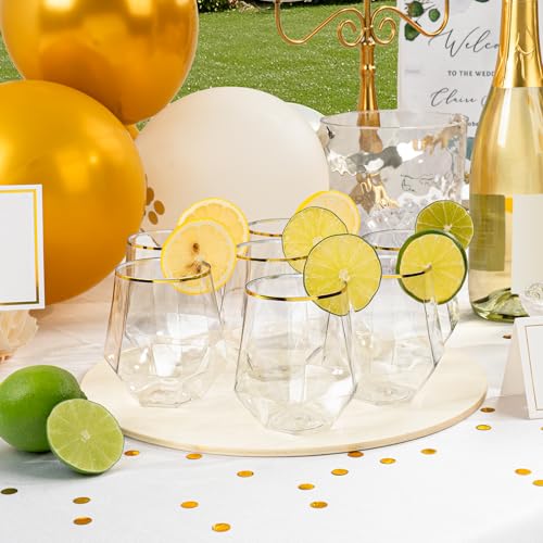 Goodluck 40 PCS Diamond Stemless Plastic Wine Whiskey Glasses, 12 Oz Disposable Cocktail Glasses, Suitable for Weddings, Birthday Parties, Family Gatherings, Bars, etc （Gold rimmed cups） - My Kitchen Products