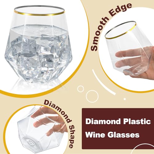 Goodluck 40 PCS Diamond Stemless Plastic Wine Whiskey Glasses, 12 Oz Disposable Cocktail Glasses, Suitable for Weddings, Birthday Parties, Family Gatherings, Bars, etc （Gold rimmed cups） - My Kitchen Products