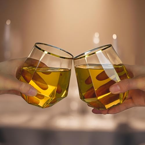 Goodluck 40 PCS Diamond Stemless Plastic Wine Whiskey Glasses, 12 Oz Disposable Cocktail Glasses, Suitable for Weddings, Birthday Parties, Family Gatherings, Bars, etc （Gold rimmed cups） - My Kitchen Products