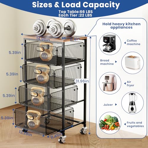 Goovilla Kitchen Cart with Drawers, 4 Tier Metal Rolling Utility Cart Organizer on Lockable Wheels with Wooden Top, Black Fruit Vegetable Storage Rack Also for Cans, Snack, Craft, Art, Office, Beauty - My Kitchen Products