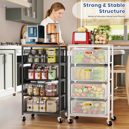Goovilla Kitchen Cart with Drawers, 4 Tier Metal Rolling Utility Cart Organizer on Lockable Wheels with Wooden Top, Black Fruit Vegetable Storage Rack Also for Cans, Snack, Craft, Art, Office, Beauty - My Kitchen Products