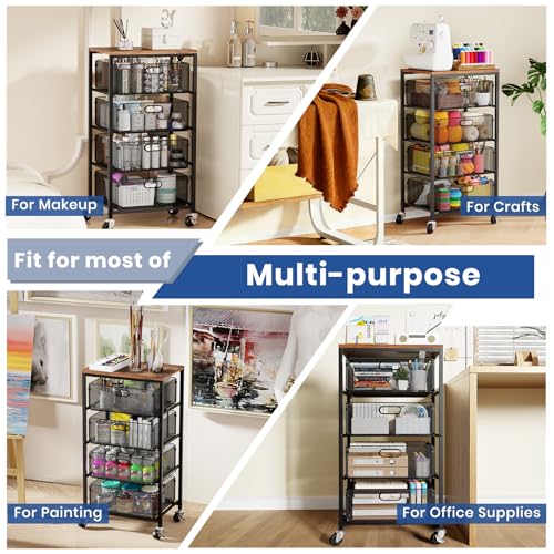 Goovilla Kitchen Cart with Drawers, 4 Tier Metal Rolling Utility Cart Organizer on Lockable Wheels with Wooden Top, Black Fruit Vegetable Storage Rack Also for Cans, Snack, Craft, Art, Office, Beauty - My Kitchen Products