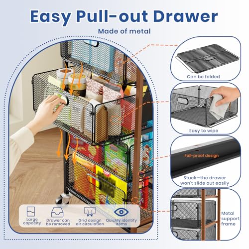 Goovilla Kitchen Cart with Drawers, 4 Tier Metal Rolling Utility Cart Organizer on Lockable Wheels with Wooden Top, Black Fruit Vegetable Storage Rack Also for Cans, Snack, Craft, Art, Office, Beauty - My Kitchen Products
