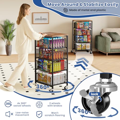 Goovilla Kitchen Cart with Drawers, 4 Tier Metal Rolling Utility Cart Organizer on Lockable Wheels with Wooden Top, Black Fruit Vegetable Storage Rack Also for Cans, Snack, Craft, Art, Office, Beauty - My Kitchen Products