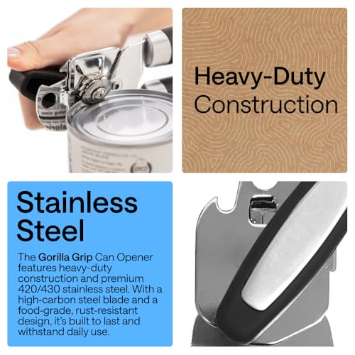 GORILLA GRIP Heavy Duty Stainless Steel Smooth Edge Manual Can Opener and Bottle Openers, US Designed, Comfortable Handle, Oversized Handheld Turn Knob, Multifunctional Kitchen Tool, Black - My Kitchen Products