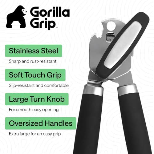 GORILLA GRIP Heavy Duty Stainless Steel Smooth Edge Manual Can Opener and Bottle Openers, US Designed, Comfortable Handle, Oversized Handheld Turn Knob, Multifunctional Kitchen Tool, Black - My Kitchen Products