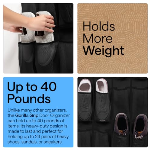GORILLA GRIP Over the Door Shoe Organizer, 24 Large Breathable Mesh Pockets, Space Saving Hanging Storage Holder, Closet Rack Hanger Holds Up to 40 lbs, Hangs on Closets for Shoes, Accessories, Black - My Kitchen Products