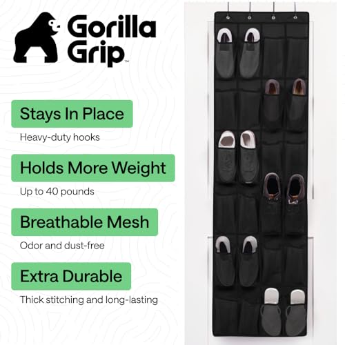 GORILLA GRIP Over the Door Shoe Organizer, 24 Large Breathable Mesh Pockets, Space Saving Hanging Storage Holder, Closet Rack Hanger Holds Up to 40 lbs, Hangs on Closets for Shoes, Accessories, Black - My Kitchen Products