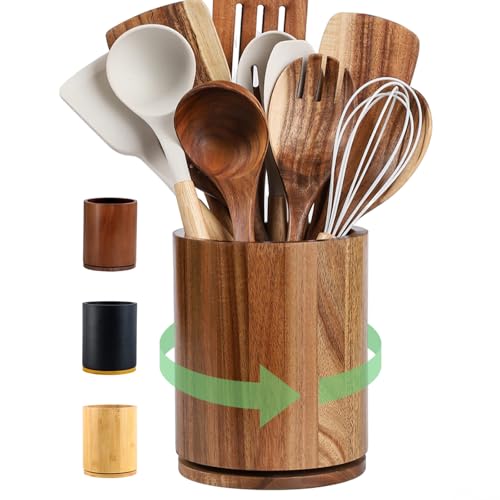 gorsent Wooden Utensil Holder, 360°Rotating 7.3'' Large Utensil Holder for Kitchen Counter, Kitchen Utensil