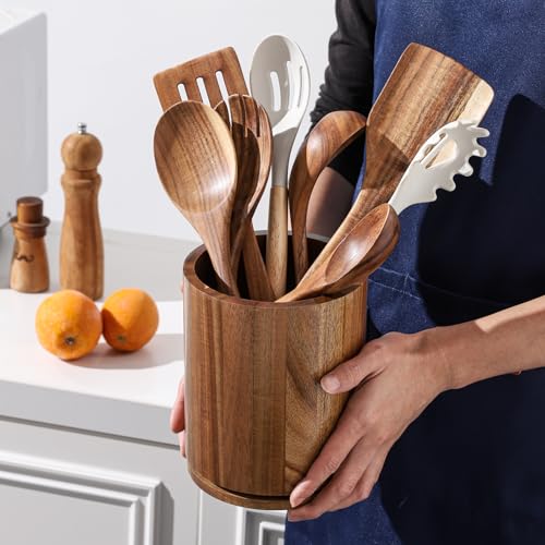 gorsent Wooden Utensil Holder, 360°Rotating 7.3'' Large Utensil Holder for Kitchen Counter, Kitchen Utensil Organizer, Utensil Crock, Farmhouse Kitchens Countertop Decor, Acacia Wood - My Kitchen Products