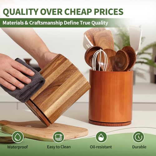 gorsent Wooden Utensil Holder, 360°Rotating 7.3'' Large Utensil Holder for Kitchen Counter, Kitchen Utensil Organizer, Utensil Crock, Farmhouse Kitchens Countertop Decor, Acacia Wood - My Kitchen Products