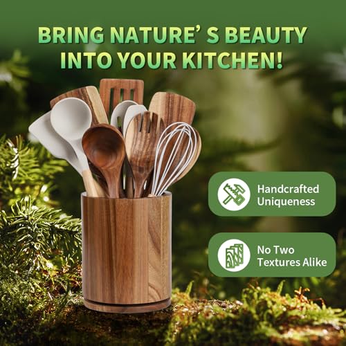 gorsent Wooden Utensil Holder, 360°Rotating 7.3'' Large Utensil Holder for Kitchen Counter, Kitchen Utensil Organizer, Utensil Crock, Farmhouse Kitchens Countertop Decor, Acacia Wood - My Kitchen Products