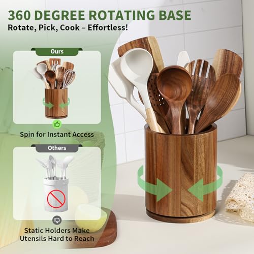 gorsent Wooden Utensil Holder, 360°Rotating 7.3'' Large Utensil Holder for Kitchen Counter, Kitchen Utensil Organizer, Utensil Crock, Farmhouse Kitchens Countertop Decor, Acacia Wood - My Kitchen Products