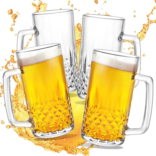 GOSDENG Beer Mugs For Freezer, 20 oz Large Heavy Glass Mugs with Handles Set of 4, Clear Large Beer Steins for Tea