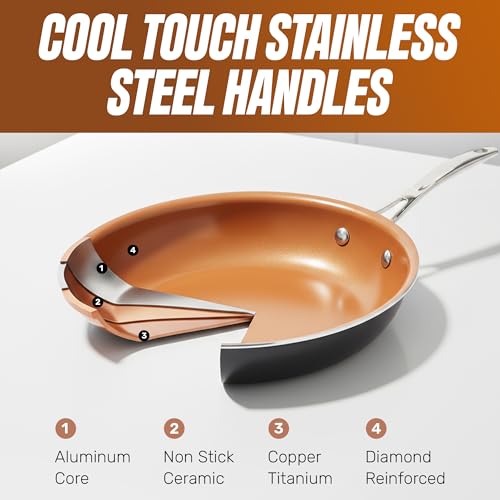 Gotham Steel 12 Pc Ceramic Cookware Set Nonstick, Ceramic Pots and Pans Set Non Stick with Steamer for Cooking, Non Toxic PFOA PFOS Free, Ergonomic Stay Cool Handles, Oven & Dishwasher Safe, Copper - My Kitchen Products
